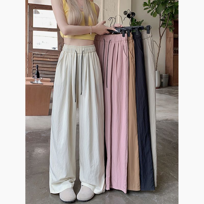 Real shot!  2025 new loose slim wide-leg pants drawstring elastic high waist straight solid color casual pants trousers for women