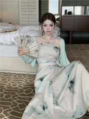 Real shot!  New Chinese style three-piece set for women's summer halter neck strapless long skirt cardigan