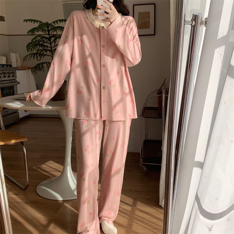 Real shot of 25 spring with chest pads, women's pink pajamas, women's long-sleeved trousers, sweet suit