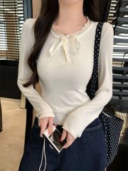 Real shot Real 2025 Spring New Fake Two-piece Lace Spliced ​​Long Sleeve T-shirt Women's Top