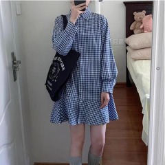 Blue plaid POLO collar long-sleeved shirt dress for women in autumn design loose simple basic short skirt