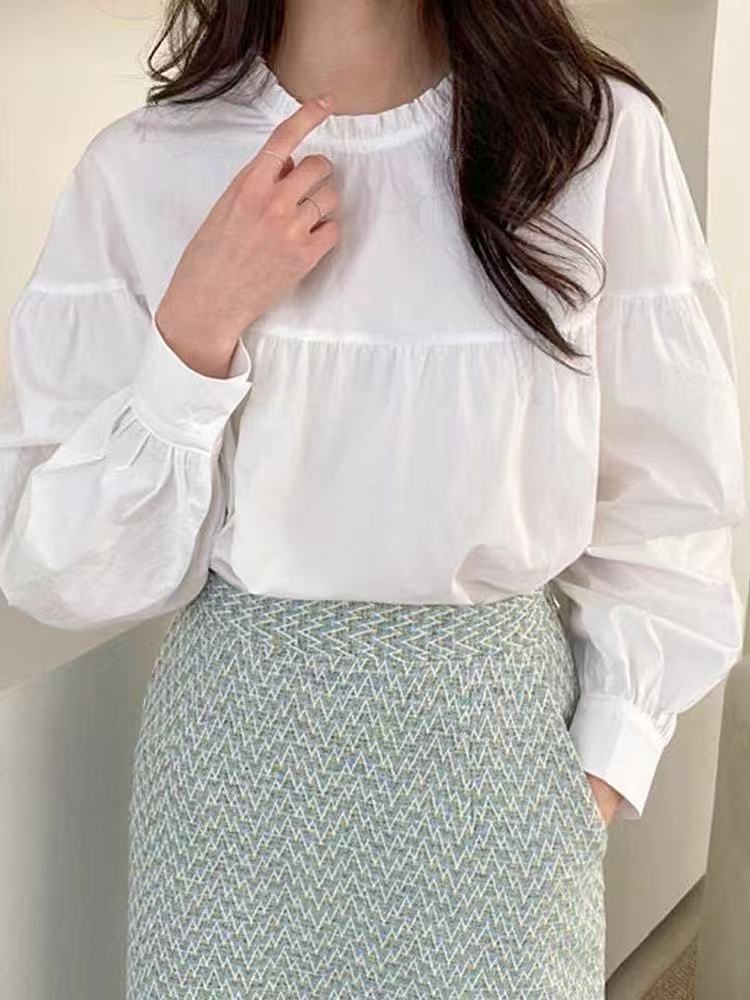 Korean Dongdaemun Spring Clothing New White Age Reducing Round Neck Wood Ears Loose Puff Sleeve Shirt Long Sleeve Top for Women