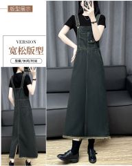 Vintage Frayed Denim Overalls Dress for Women Spring Slimming Youthful Hems Long-Sleeved Dress