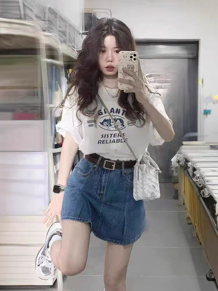 200g combed and tight-fitting sprinkler, pure cotton backpack, spring and summer loose shoulder printed short-sleeved T-shirt