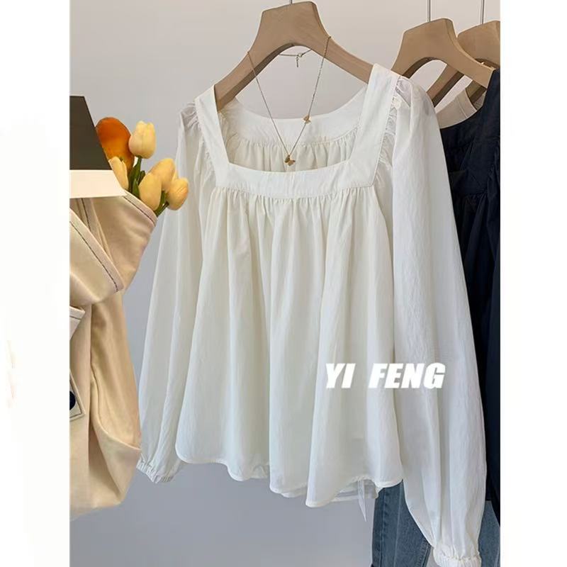 Original board fabric square collar puff sleeve shirt for women's spring French design small shirt
