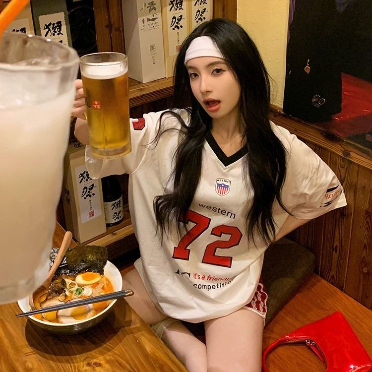 6535 Combed cotton letter printing short-sleeved loose T-shirt women's summer casual sports jersey v-neck top