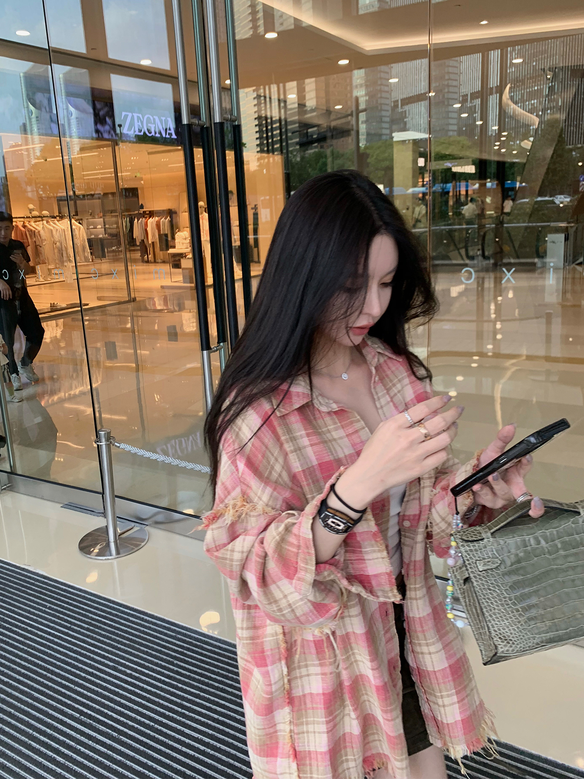 Good morning Fan Fan fur coat retro plaid pink shirt jacket for women spring loose medium length lazy style long-sleeved top