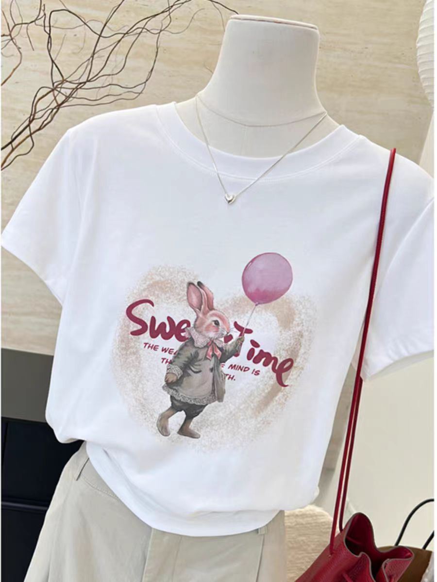 200g combed and tight-fitting sprinkler, pure cotton backpack, spring and summer loose shoulder printed short-sleeved T-shirt