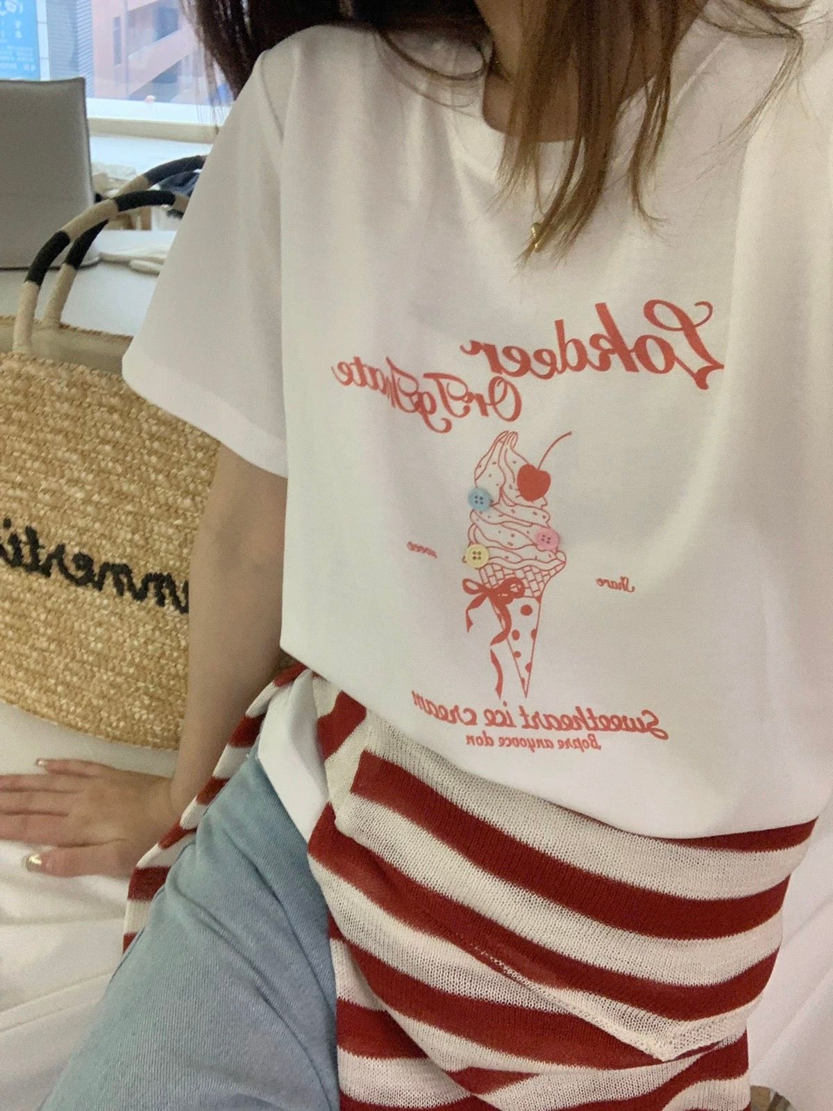 200g combed and tight-fitting sprinkler, pure cotton backpack, spring and summer loose shoulder printed short-sleeved T-shirt