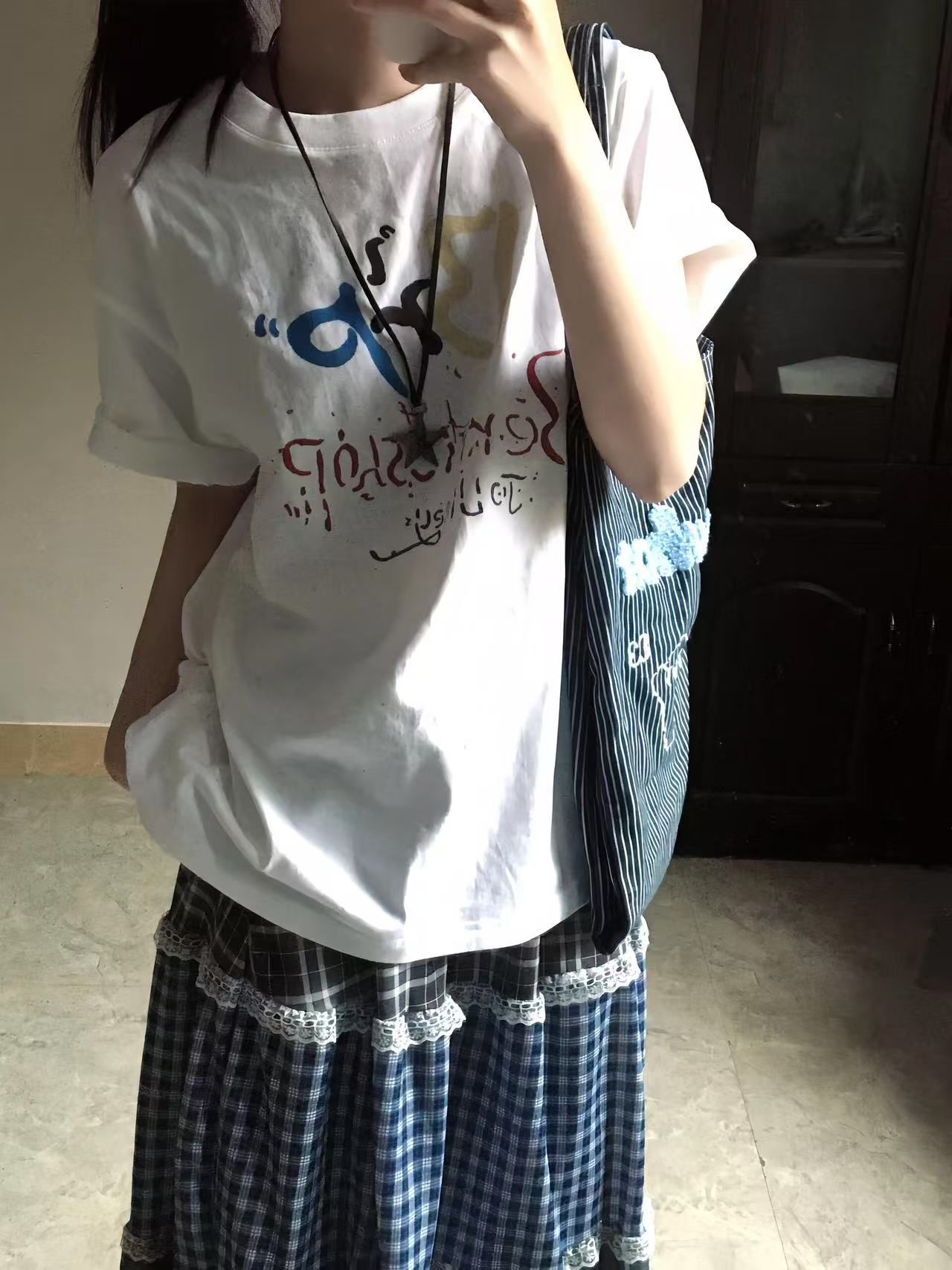 200g combed and tight-fitting sprinkler, pure cotton backpack, spring and summer loose shoulder printed short-sleeved T-shirt