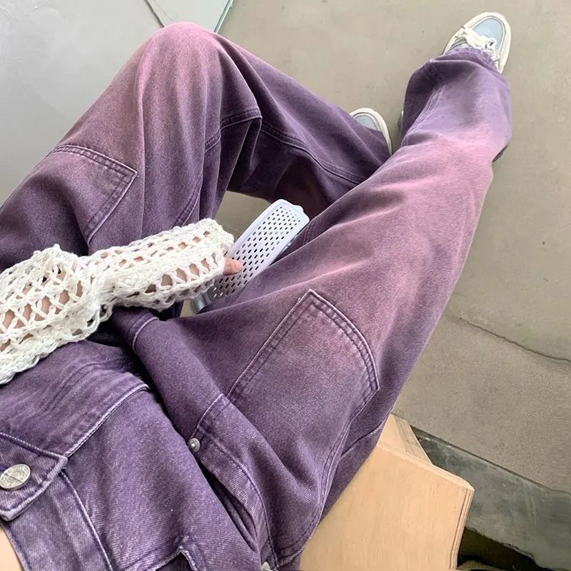 American hot girl street-fried old washing purple jeans for women in spring 2025 new chic high waist straight pants trendy