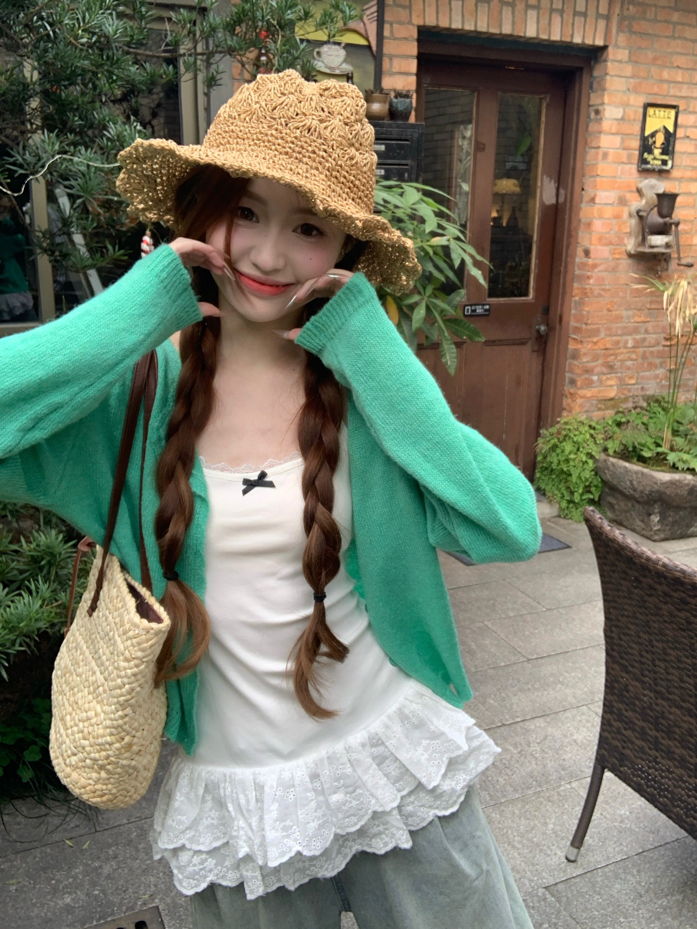 Korean dopamine loose long-sleeved sweater lace suspender vest in autumn and summer fashion two-piece set