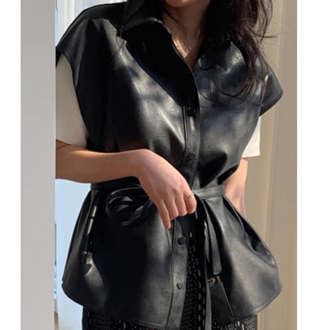 Korean chic autumn retro niche lapel single-breasted strap waist slimming sleeveless leather vest jacket women