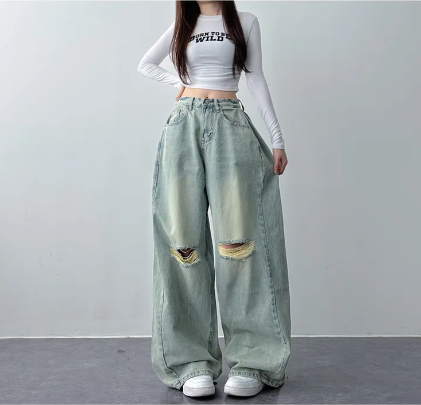 High waist grinding white hole large needle pleated side wide-leg denim trousers