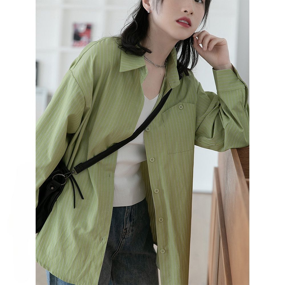 45 cotton 45 polyester 10 viscose French long-sleeved striped shirt for women's design spring loose high-end shirt
