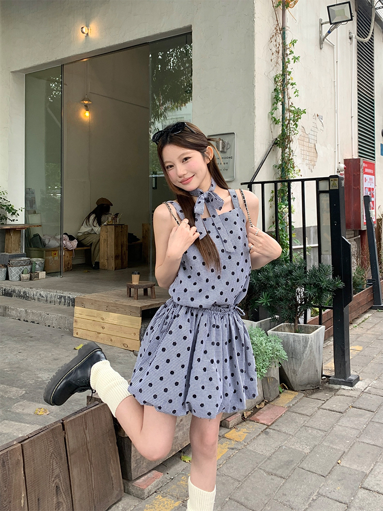 實拍 元氣少女韓chic簡約春夏俏皮圓點連衣裙花苞裙