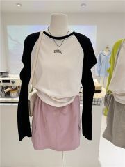 2025年簡約設計感小眾鏤空寬鬆顯瘦短款插肩拼色長袖T恤女防曬