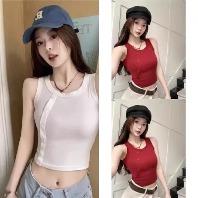 夏季新款紐扣無袖背心吊帶女夏季高街修身顯瘦小個子短款純色上衣