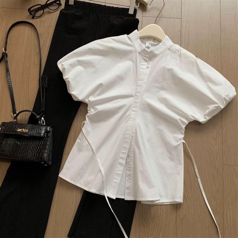 2005 spring and summer new Korean pure Hong Kong style white drawstring pleated shirt for women's waist-hugging summer short-sleeved top