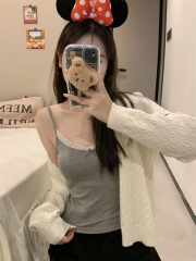 Pure sexy hot girl white sexy suspender vest for women in spring and autumn, summer, and outside, with a bow top with a chest pad