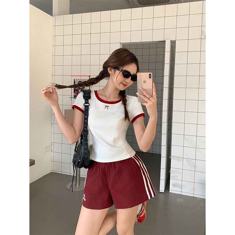 Real photo of pure desire bow embroidered front shoulder round neck short sleeve T-shirt with hot girl slim fit inside short top