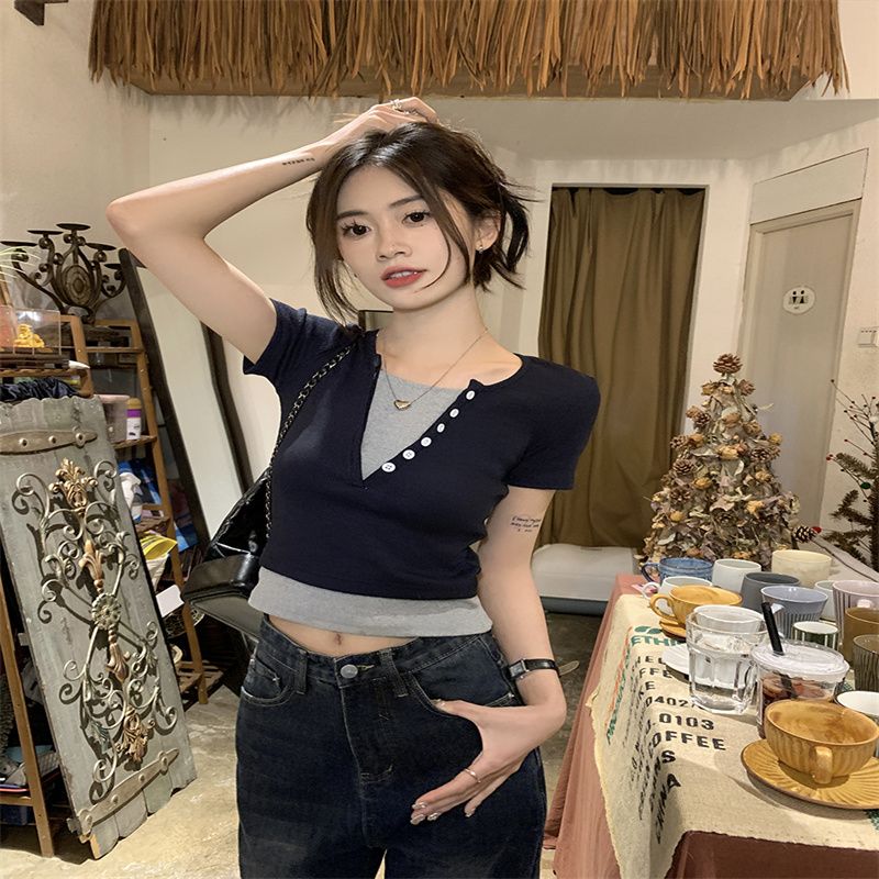Thread 2025 summer new sweet and cool style fake two-piece color-blocking short top for women's front shoulder short sleeve shirt