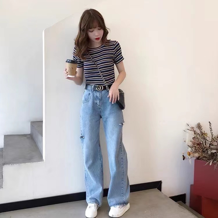 螺紋冰絲條紋短袖t恤女2025新款夏季方領鎖骨短款上衣