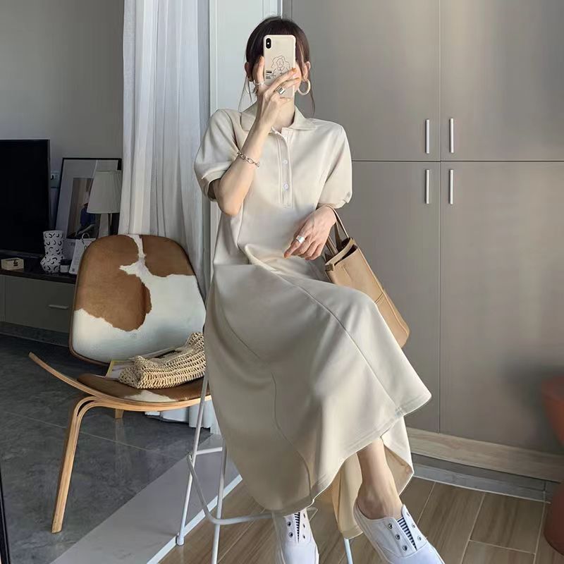 New summer pure academy style waist-closing POLO neck short-sleeved design black long skirt A-line skirt for women