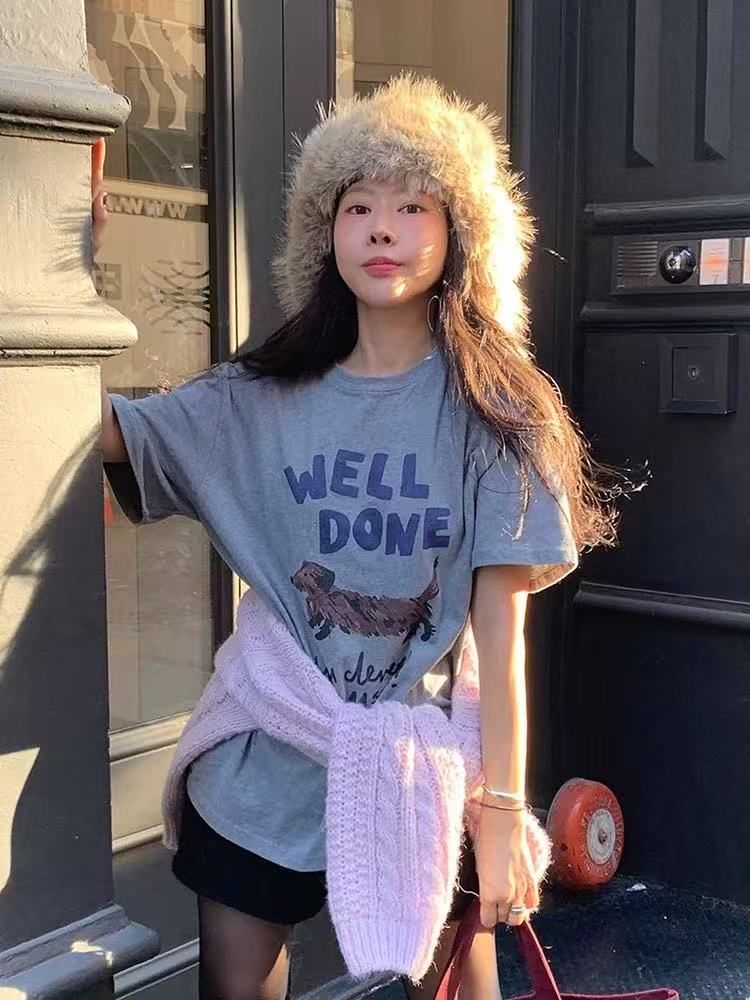 Korean sweet or salty puppy printed lazy style loose design versatile top