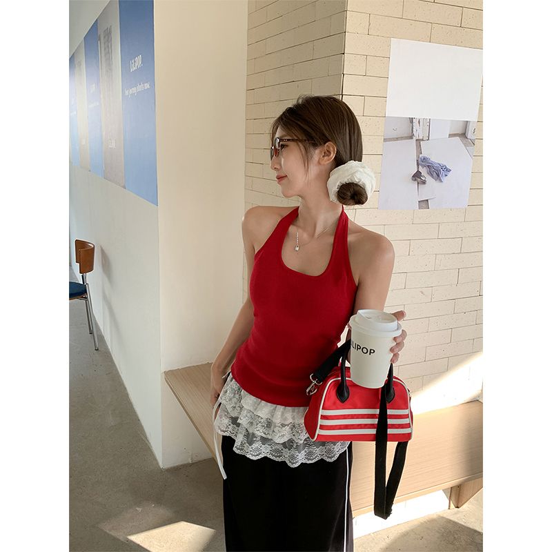 Real-life sexy neck halter U-neck suspender vest hot girl backless sleeveless French chic short top