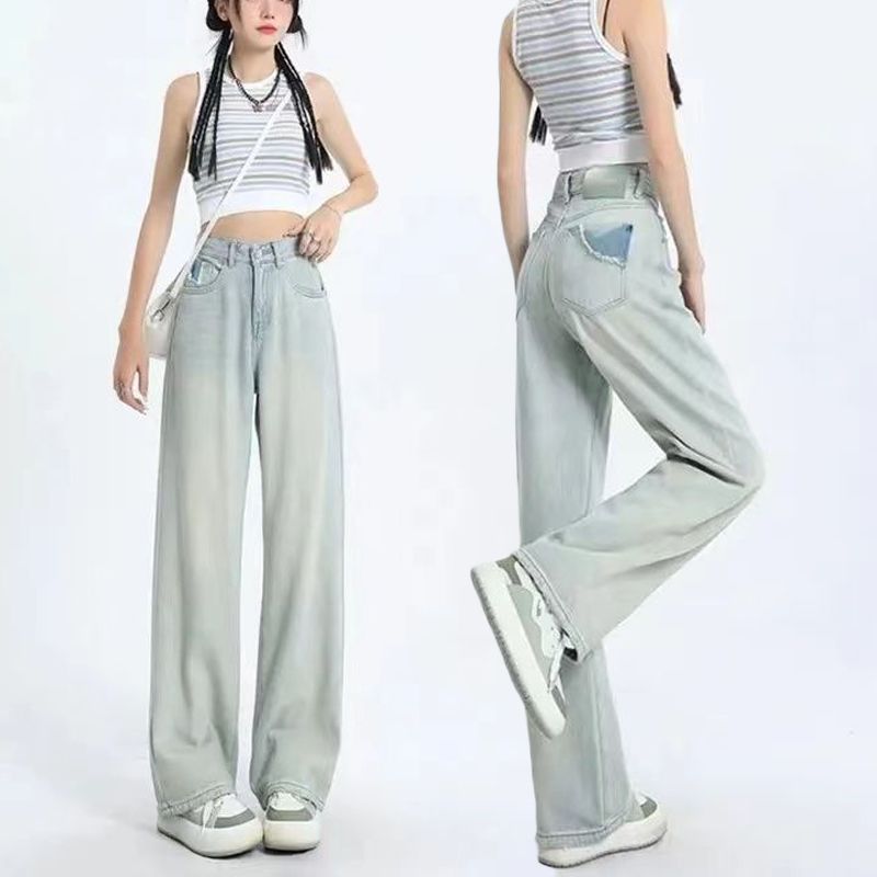Retro cut torn wide-leg jeans for women in spring 2025 high waist slim light color straight temperament draped floor pants