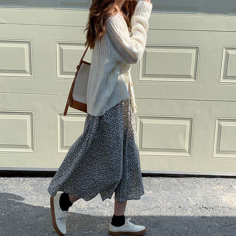Floral skirt for women in spring and summer Korean version of chic high waist slim and versatile retro design mid-length A-line skirt