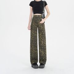 2025 spring and summer new American retro leopard print jeans for women with high waist straight-leg design wide-leg slim trousers