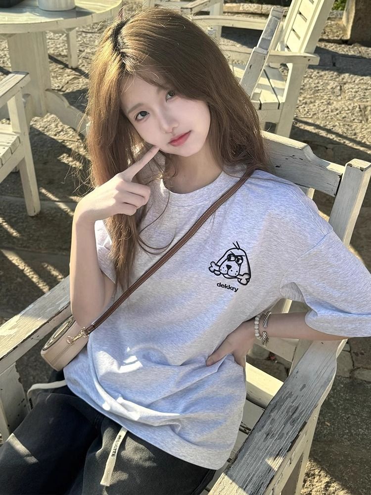 200g combed and tight-fitting sprinkler, pure cotton backpack, spring and summer loose shoulder printed short-sleeved T-shirt