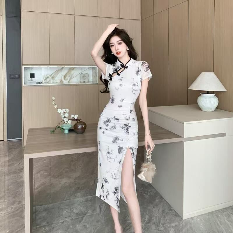 中式復古旗袍裙中長款技師氣質收腰顯瘦高級感褶皺包臀少女連衣裙
