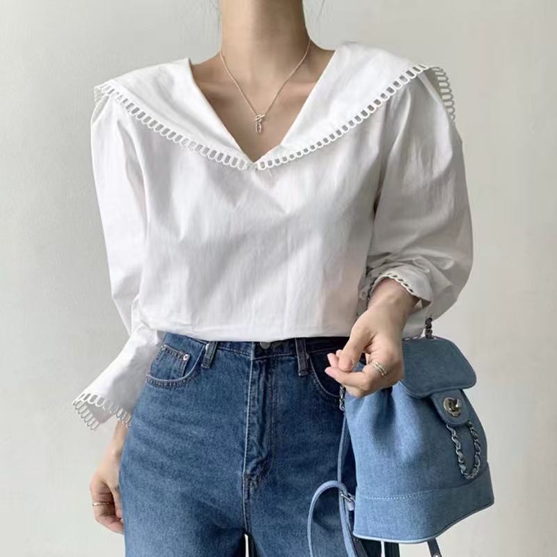 2025 Spring and Autumn New V-Lapel Spliced ​​Hook Flower Slit Loose Long Sleeve Shirt Women's Top Trendy