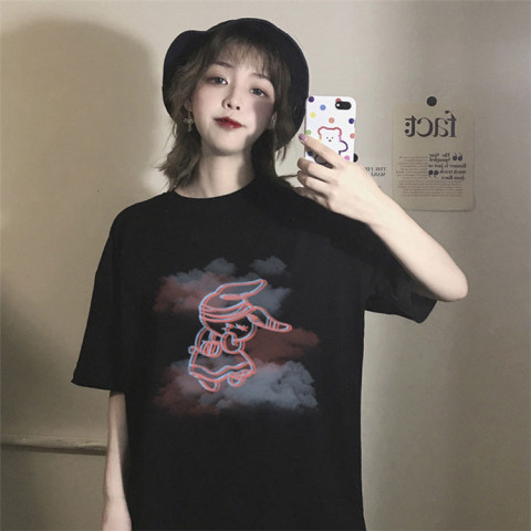 Korean foreign trade Korean version summer internet celebrity super hot anime printed Harajuku style black short-sleeved T-shirt top for women