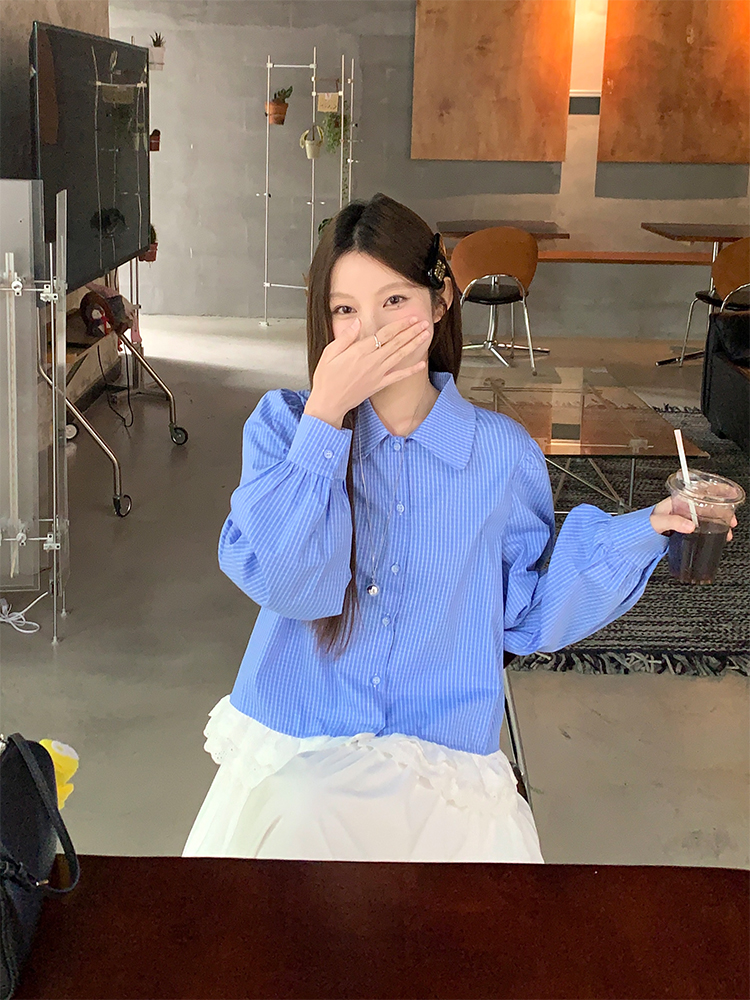 實拍 春夏韓chic簡約藍色格子花邊襯衫+半身裙