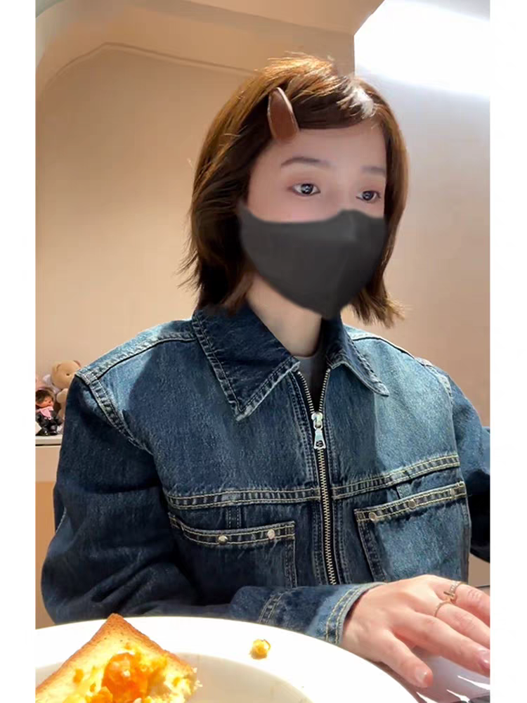 宅女同款經典水洗藍巴黎扣鉚釘雙拉鏈牛仔外套