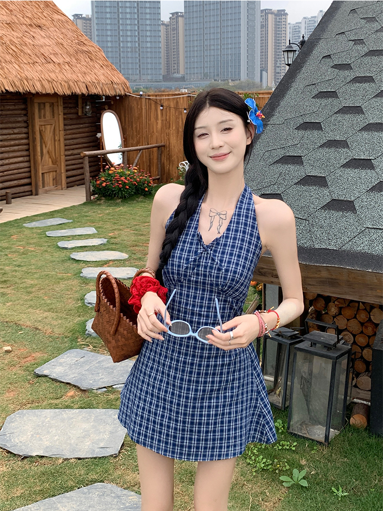 實拍 韓chic簡約人手一件掛脖格子連衣裙
