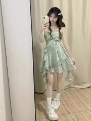 2025 spring new girlish style sweet green sleeveless suspender skirt student waist slimming irregular midi skirt