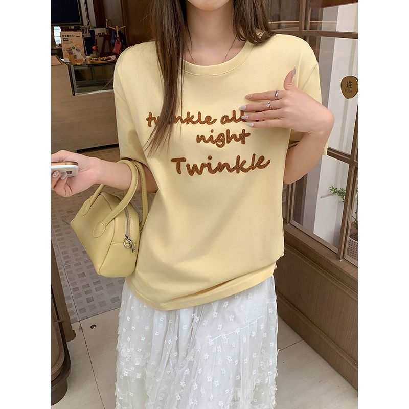 Real photo of pure cotton contrast letter embroidered round neck T-shirt for women in summer new loose Korean short-sleeved top