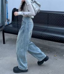 Real shot of retro washing and old jeans for women in spring high waist loose wide-leg pants straight trousers floor trousers