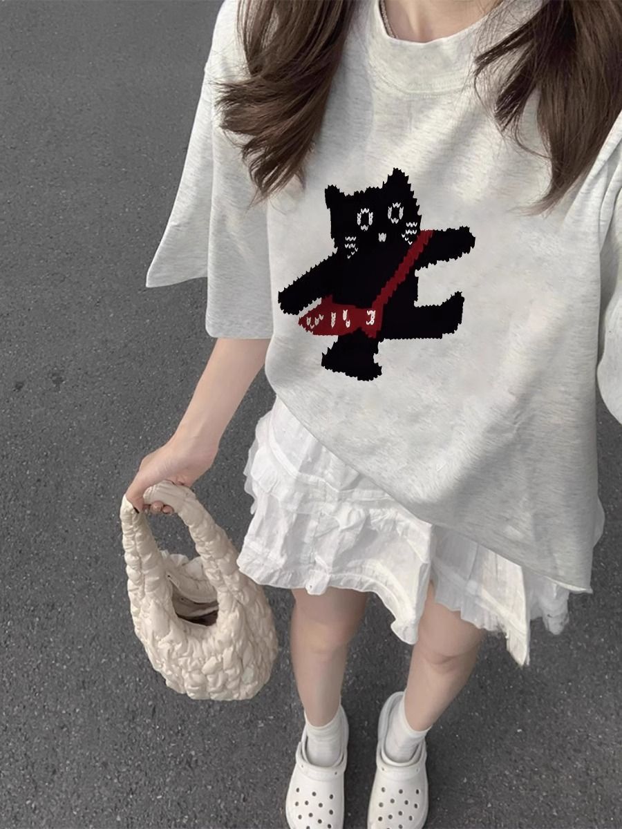 200g combed and tight-fitting sprinkler, pure cotton backpack, spring and summer loose shoulder printed short-sleeved T-shirt