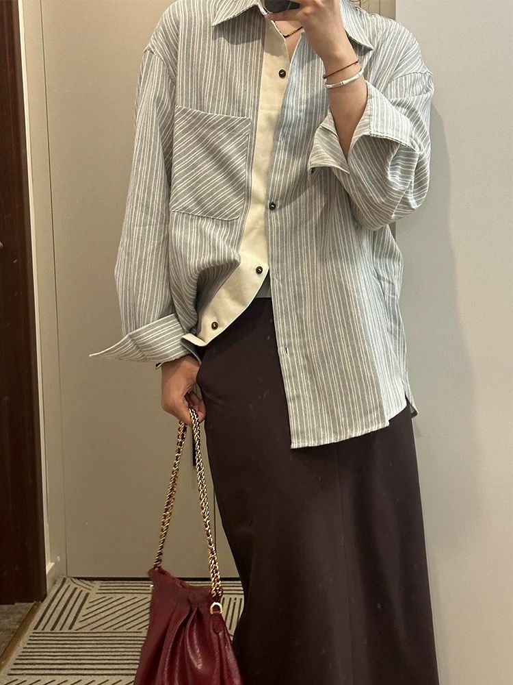 2025 spring new loose spliced ​​striped long-sleeved shirt women's design sense shirt jacket early autumn top