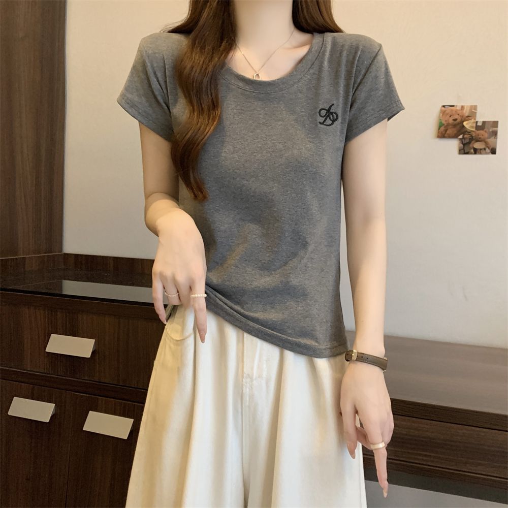 實拍  40支純棉210克92棉/8氨綸字母短袖T恤女刺繡