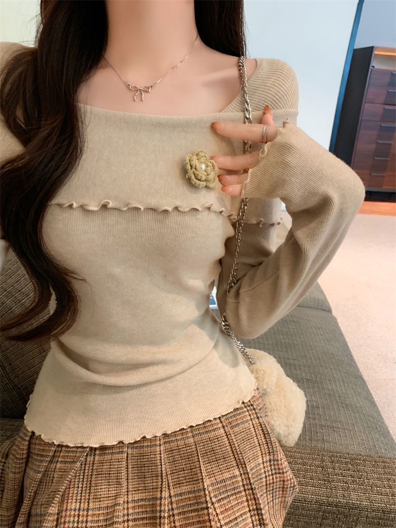 Real shot, real, autumn and winter new three-dimensional flower one-length sweater, female temperament base shirt top