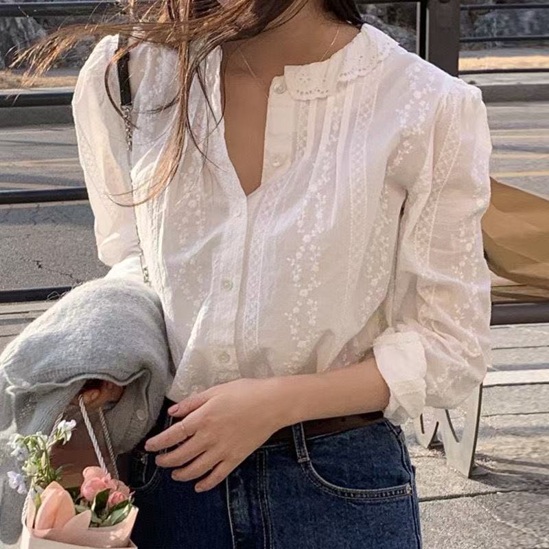 Korean chic spring French gentle lace collar embroidered flower design loose versatile long sleeve shirt for women