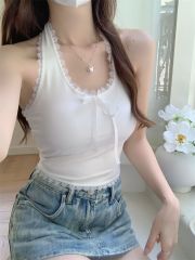 Real photo Real lace neck bow tie with chest pad slim backless suspender vest top