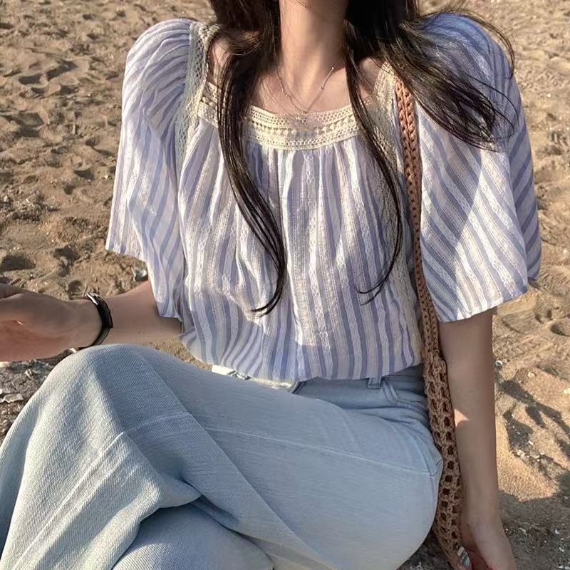 Summer Korean style sweet square necklace lace edge small fresh loose puff sleeves slim short sleeve temperament shirt for women